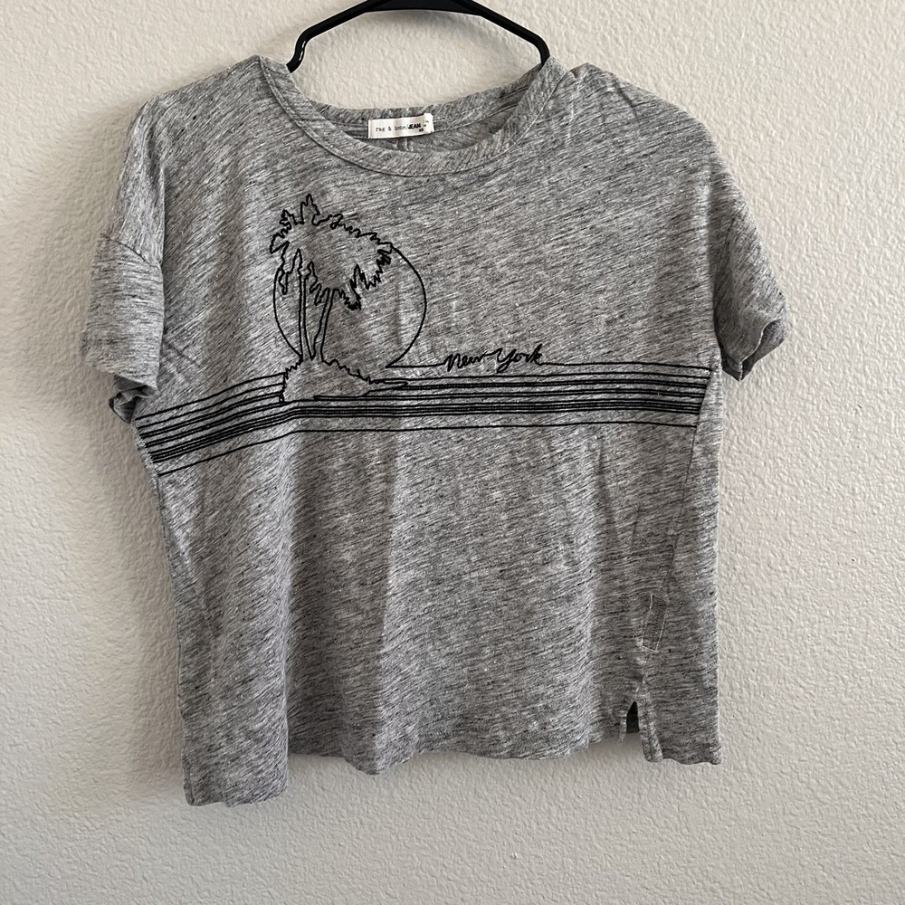 Rag & Bone Jean XS 100% Linen Top Heather Gray Short Sleeve Boxy Embroidered